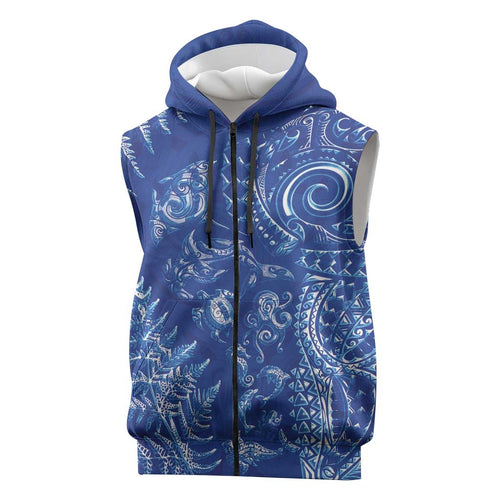New Zealand Sea Animals Sleeveless Zip Hoodie with Maori Koru Tribal Tattoo and Silver Ferns Aquatic Style