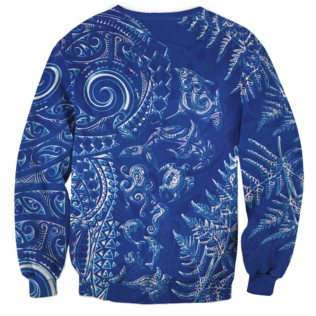 New Zealand Sea Animals Sweatshirt with Maori Koru Tribal Tattoo and Silver Ferns Aquatic Style