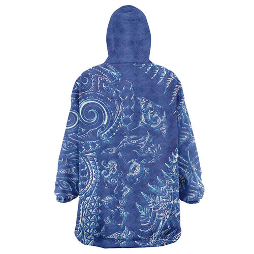 New Zealand Sea Animals Wearable Blanket Hoodie with Maori Koru Tribal Tattoo and Silver Ferns Aquatic Style