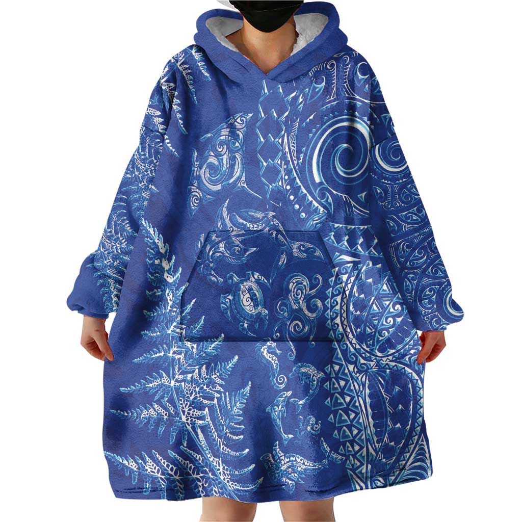 New Zealand Sea Animals Wearable Blanket Hoodie with Maori Koru Tribal Tattoo and Silver Ferns Aquatic Style