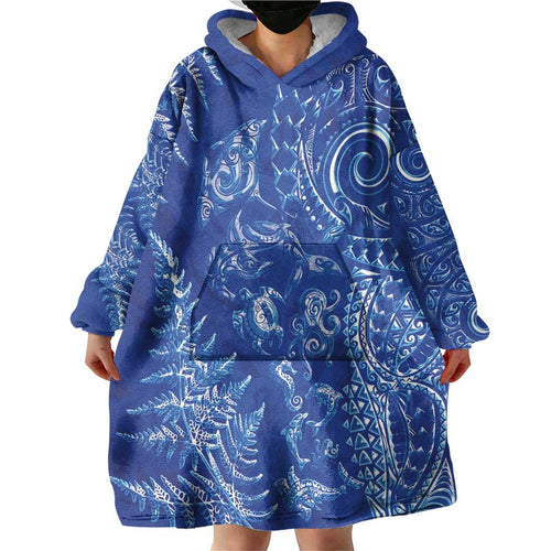 New Zealand Sea Animals Wearable Blanket Hoodie with Maori Koru Tribal Tattoo and Silver Ferns Aquatic Style
