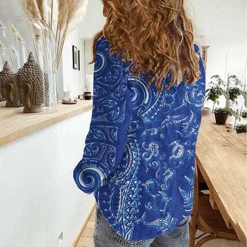 New Zealand Sea Animals Women Casual Shirt with Maori Koru Tribal Tattoo and Silver Ferns Aquatic Style