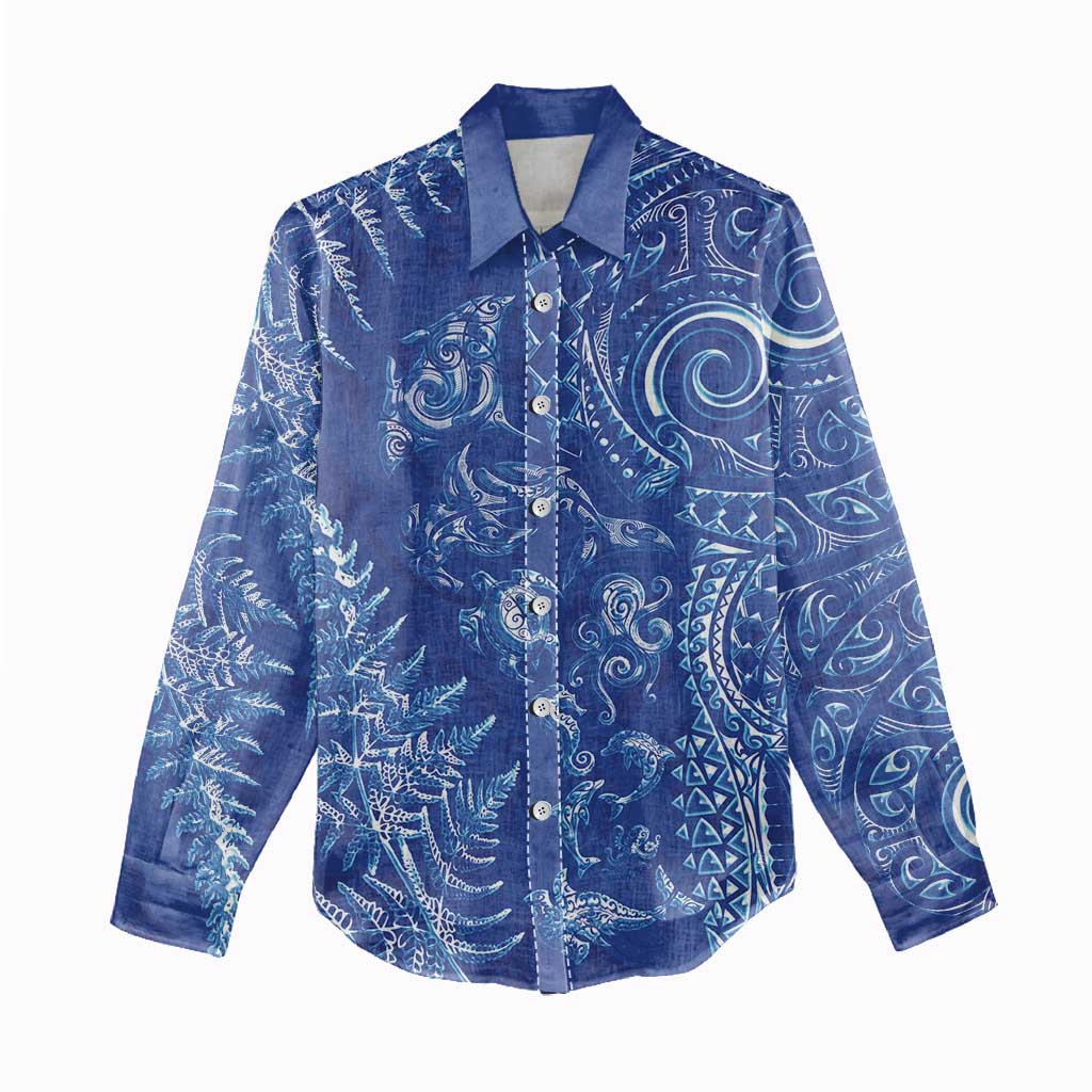 New Zealand Sea Animals Women Casual Shirt with Maori Koru Tribal Tattoo and Silver Ferns Aquatic Style