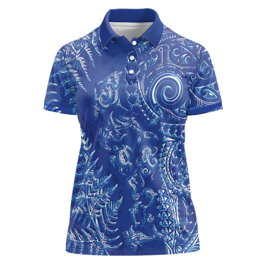New Zealand Sea Animals Women Polo Shirt with Maori Koru Tribal Tattoo and Silver Ferns Aquatic Style
