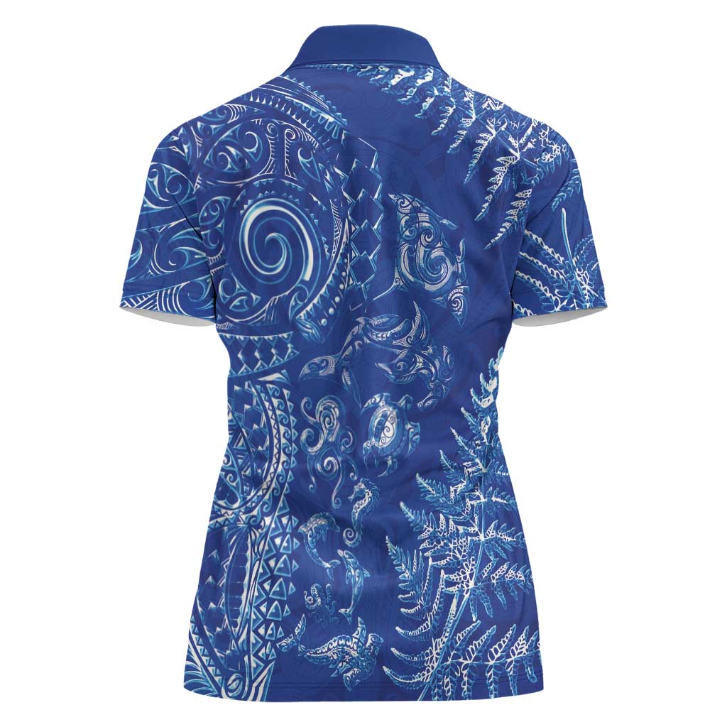 New Zealand Sea Animals Women Polo Shirt with Maori Koru Tribal Tattoo and Silver Ferns Aquatic Style