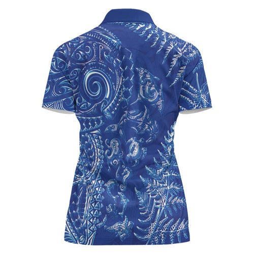 New Zealand Sea Animals Women Polo Shirt with Maori Koru Tribal Tattoo and Silver Ferns Aquatic Style