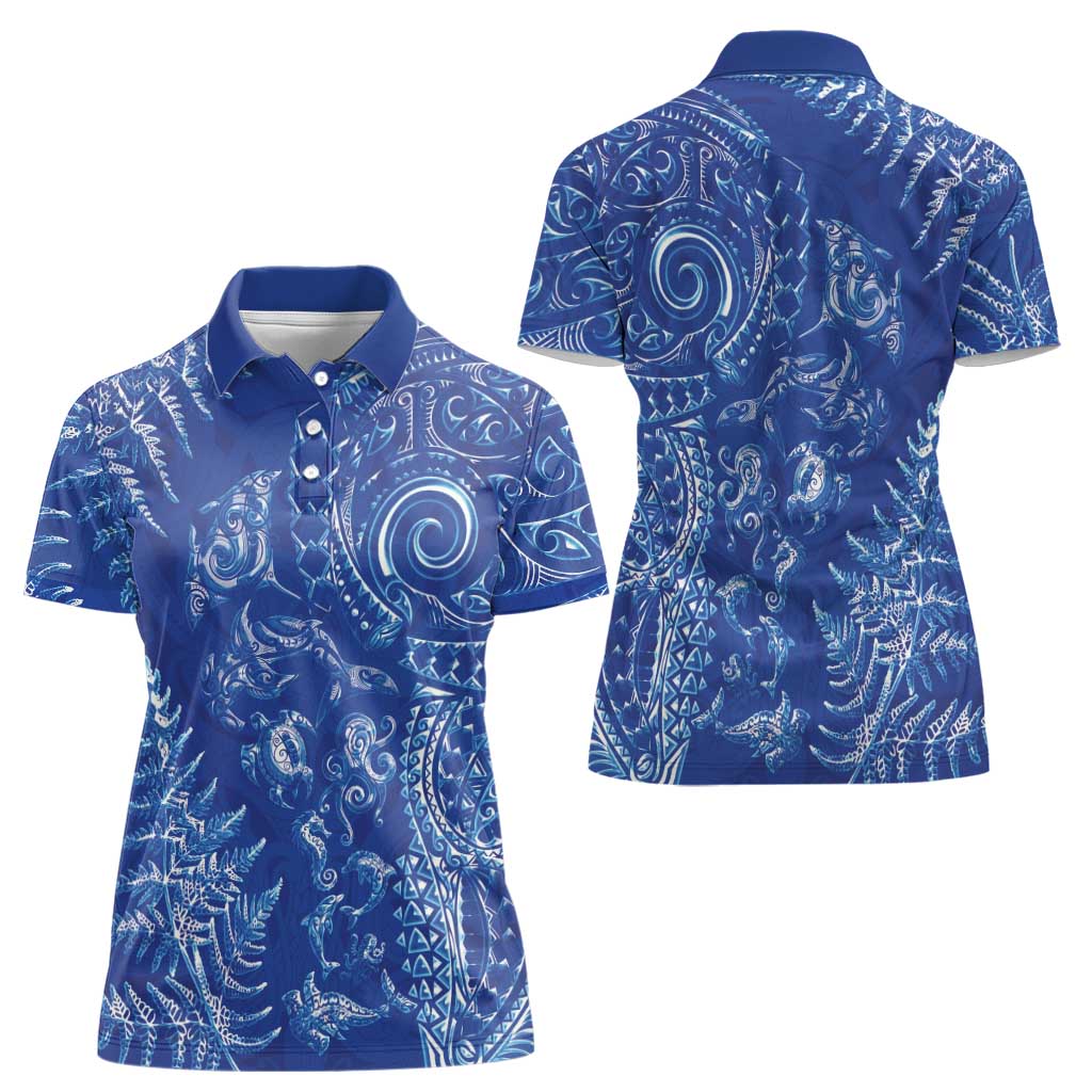 New Zealand Sea Animals Women Polo Shirt with Maori Koru Tribal Tattoo and Silver Ferns Aquatic Style