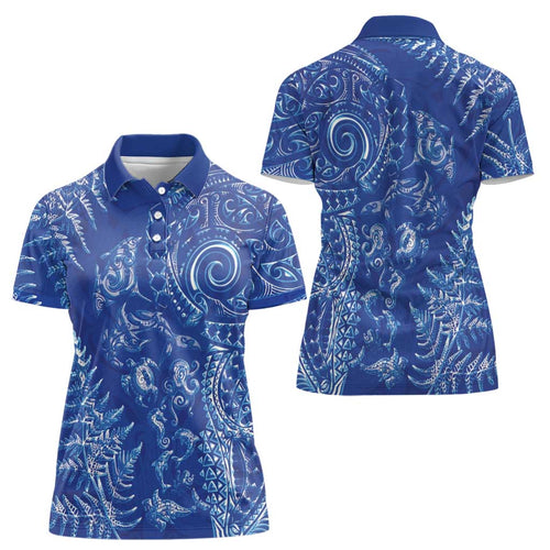 New Zealand Sea Animals Women Polo Shirt with Maori Koru Tribal Tattoo and Silver Ferns Aquatic Style