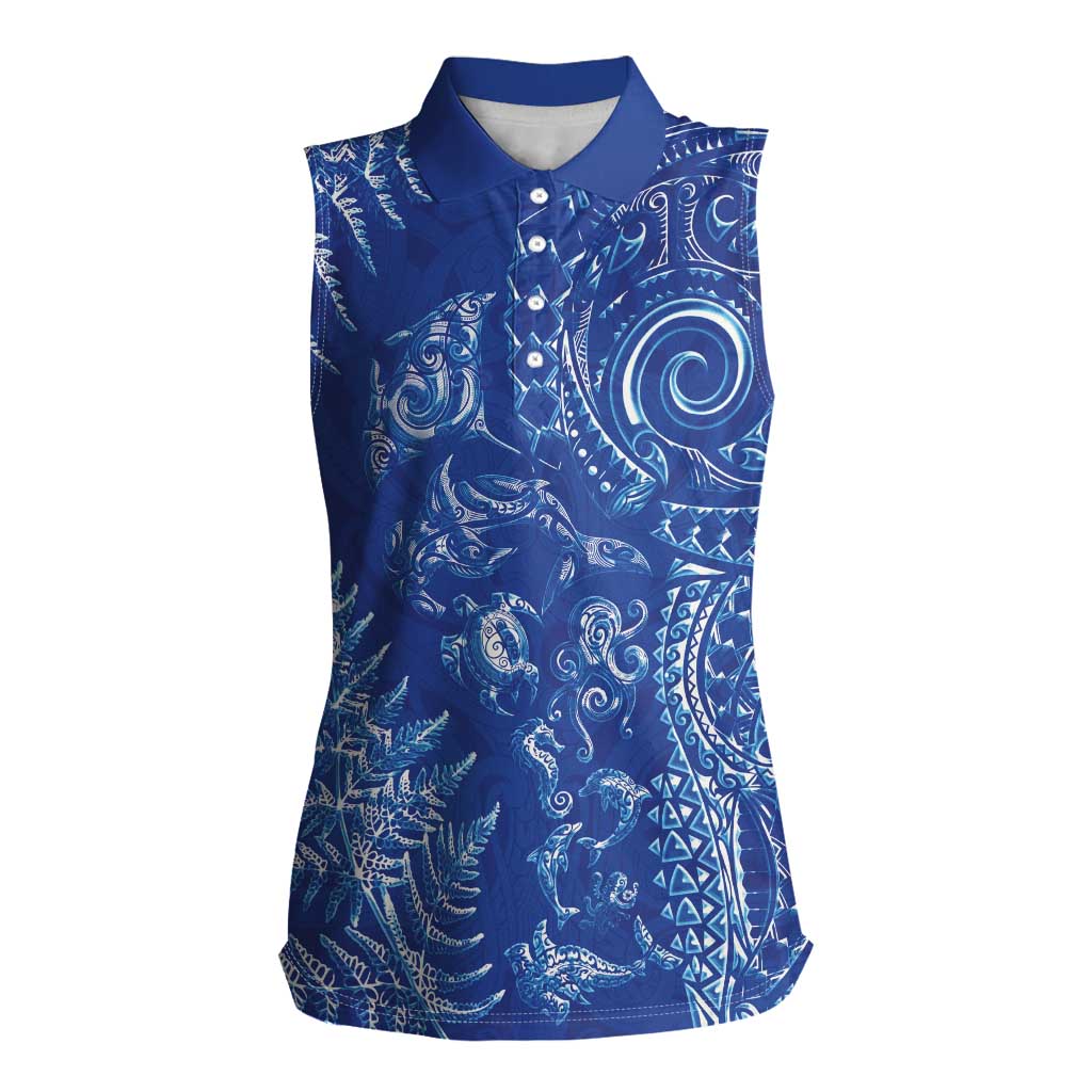New Zealand Sea Animals Women Sleeveless Polo Shirt with Maori Koru Tribal Tattoo and Silver Ferns Aquatic Style