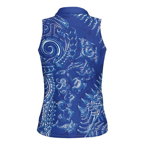New Zealand Sea Animals Women Sleeveless Polo Shirt with Maori Koru Tribal Tattoo and Silver Ferns Aquatic Style