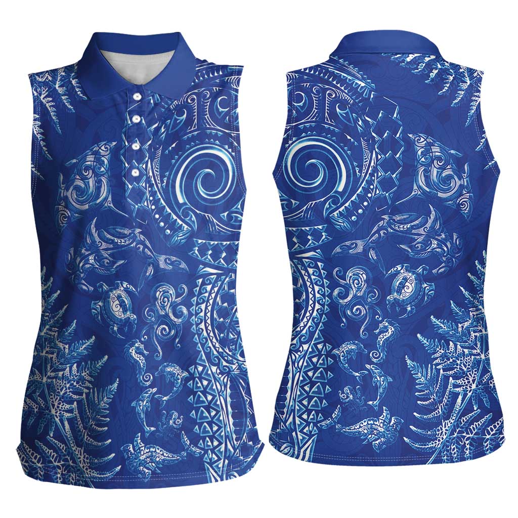 New Zealand Sea Animals Women Sleeveless Polo Shirt with Maori Koru Tribal Tattoo and Silver Ferns Aquatic Style
