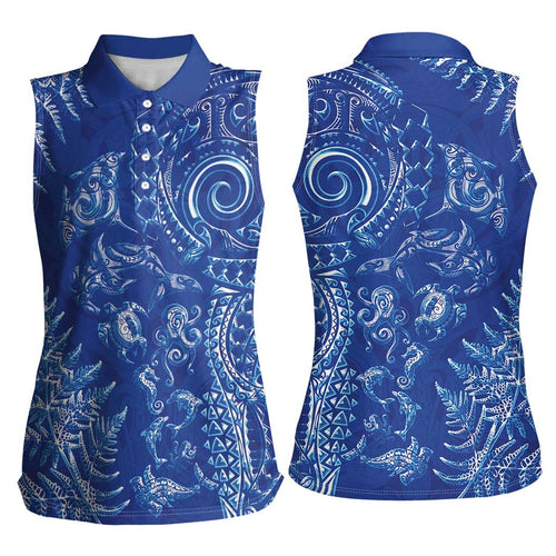 New Zealand Sea Animals Women Sleeveless Polo Shirt with Maori Koru Tribal Tattoo and Silver Ferns Aquatic Style