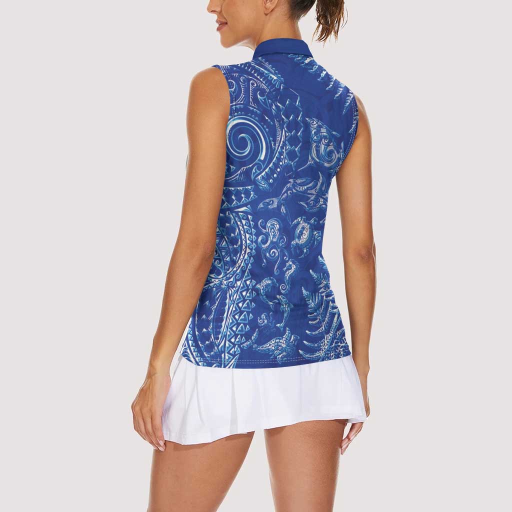 New Zealand Sea Animals Women Sleeveless Polo Shirt with Maori Koru Tribal Tattoo and Silver Ferns Aquatic Style