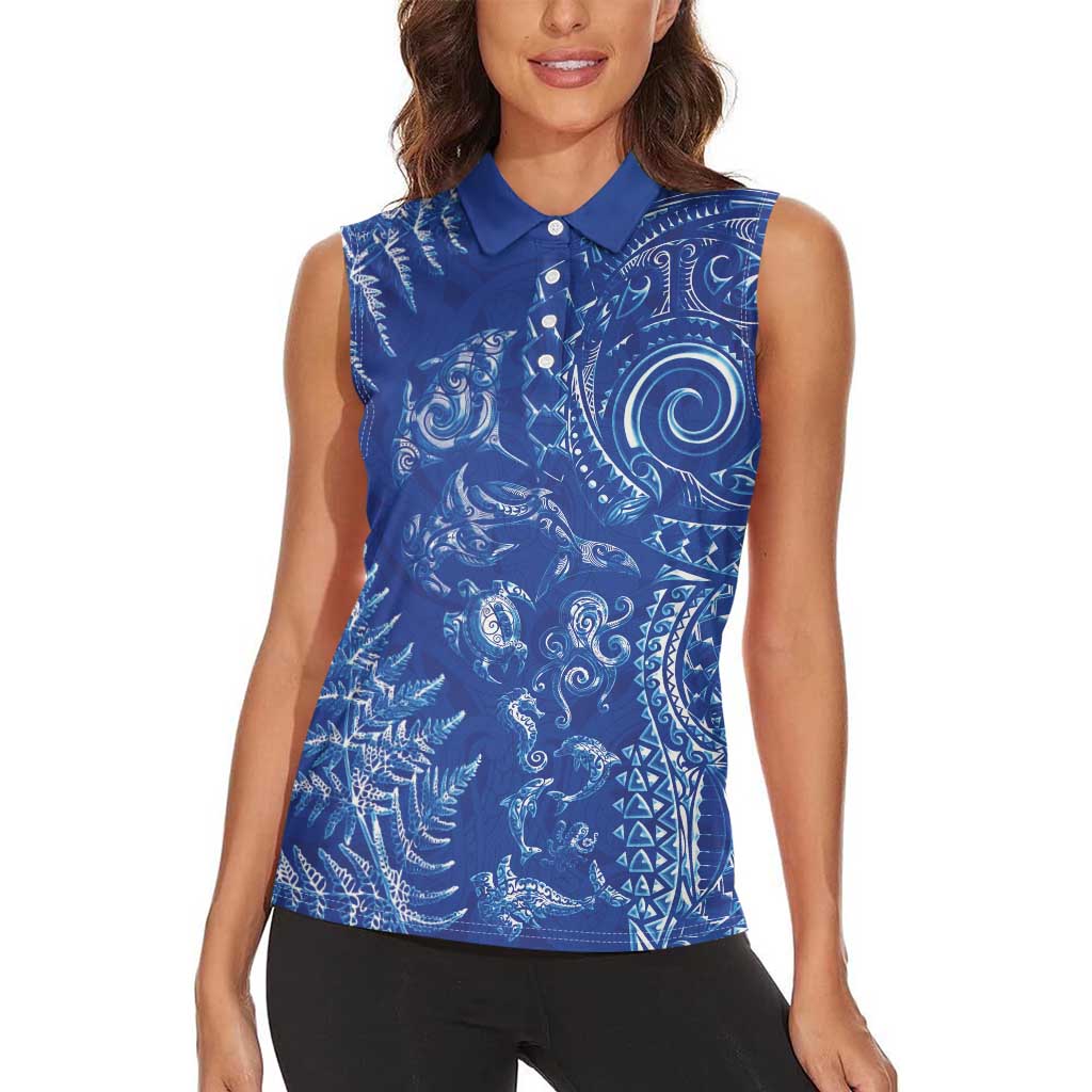 New Zealand Sea Animals Women Sleeveless Polo Shirt with Maori Koru Tribal Tattoo and Silver Ferns Aquatic Style