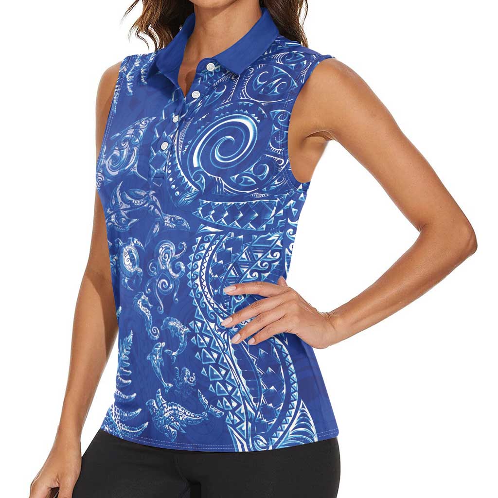 New Zealand Sea Animals Women Sleeveless Polo Shirt with Maori Koru Tribal Tattoo and Silver Ferns Aquatic Style