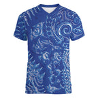New Zealand Sea Animals Women V-Neck T-Shirt with Maori Koru Tribal Tattoo and Silver Ferns Aquatic Style