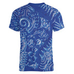 New Zealand Sea Animals Women V-Neck T-Shirt with Maori Koru Tribal Tattoo and Silver Ferns Aquatic Style