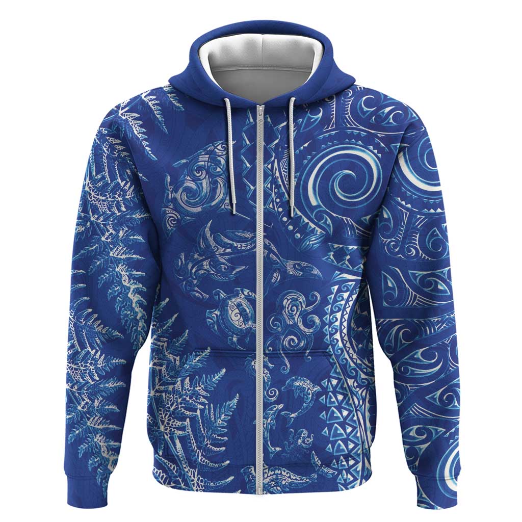 New Zealand Sea Animals Zip Hoodie with Maori Koru Tribal Tattoo and Silver Ferns Aquatic Style
