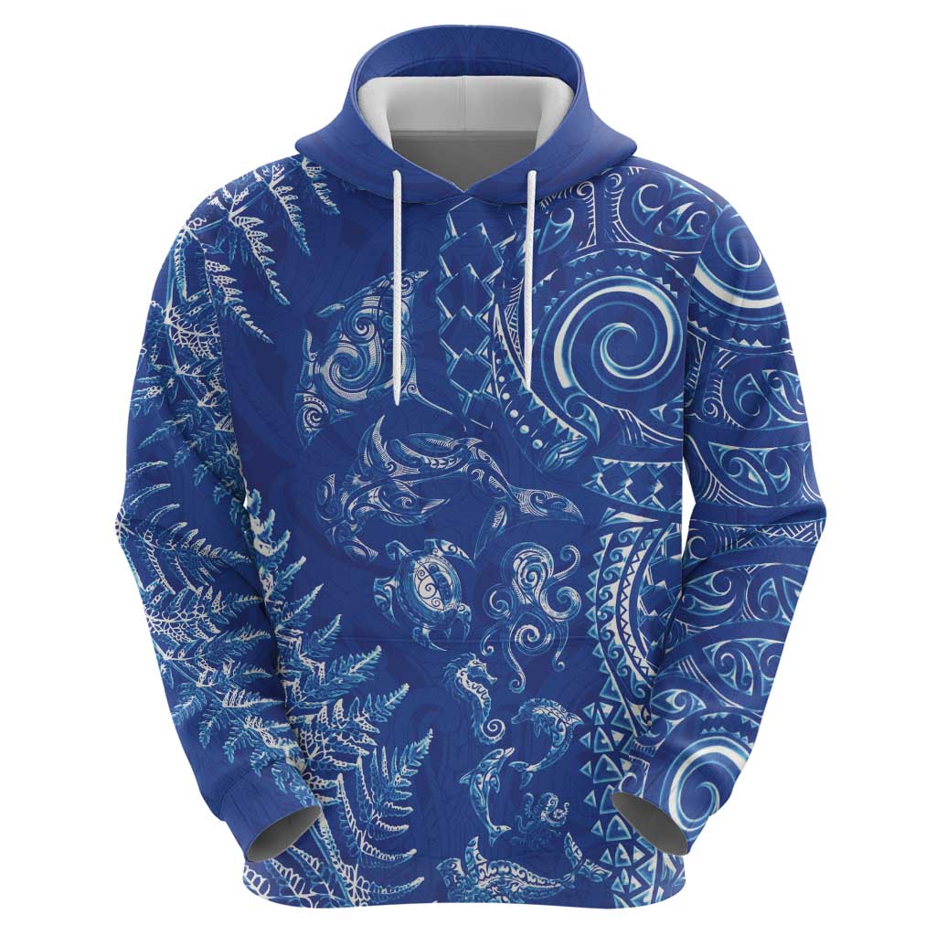 New Zealand Sea Animals Zip Hoodie with Maori Koru Tribal Tattoo and Silver Ferns Aquatic Style