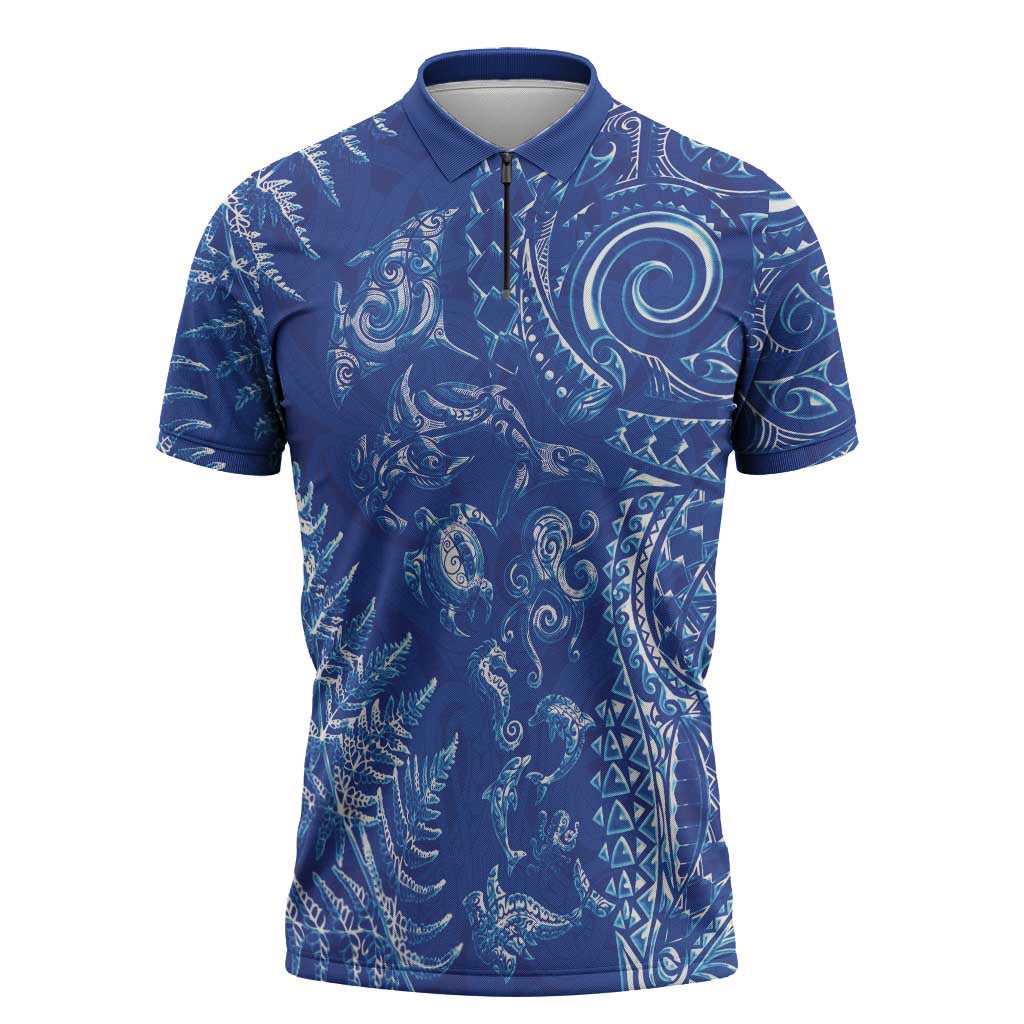 New Zealand Sea Animals Zipper Polo Shirt with Maori Koru Tribal Tattoo and Silver Ferns Aquatic Style