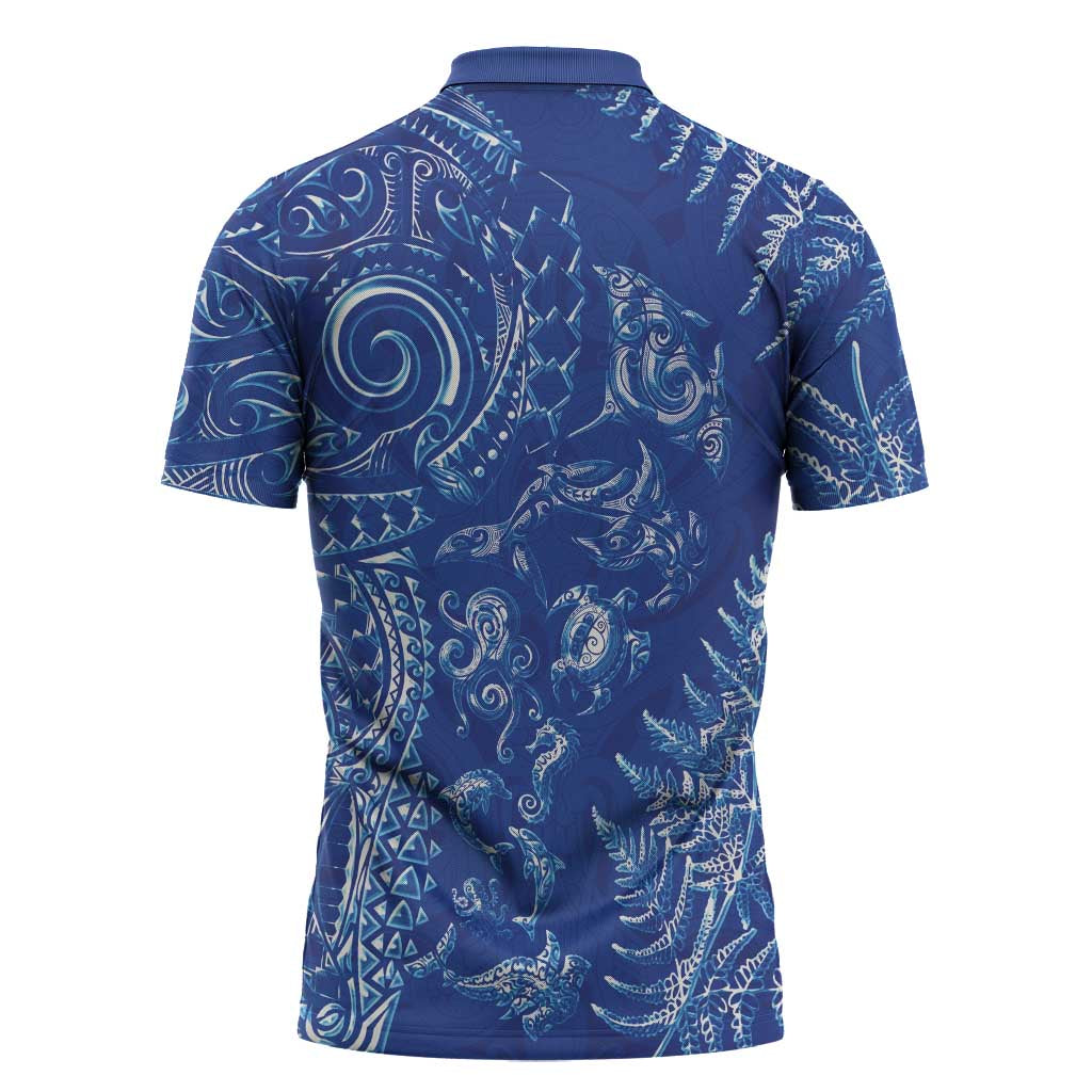 New Zealand Sea Animals Zipper Polo Shirt with Maori Koru Tribal Tattoo and Silver Ferns Aquatic Style