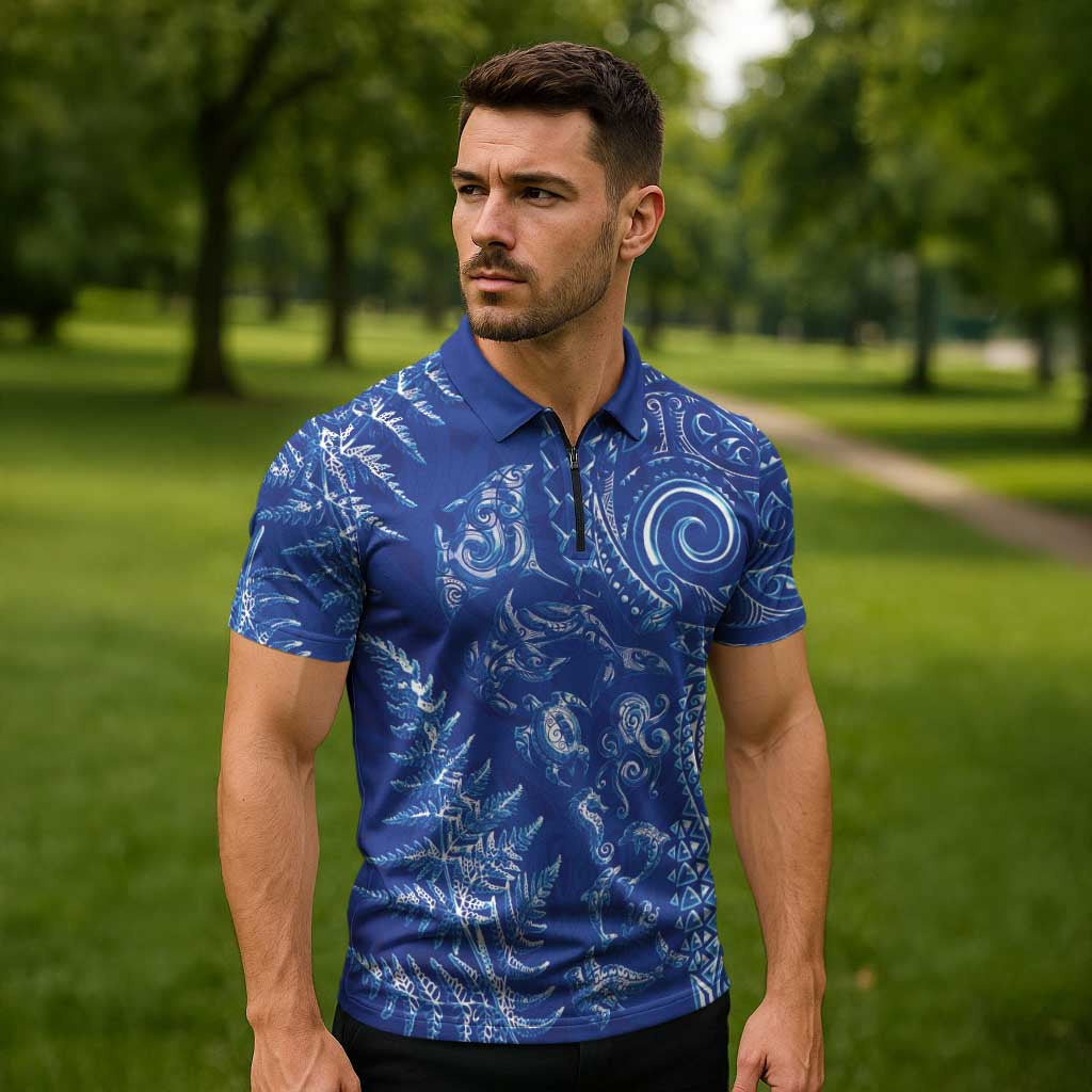 New Zealand Sea Animals Zipper Polo Shirt with Maori Koru Tribal Tattoo and Silver Ferns Aquatic Style