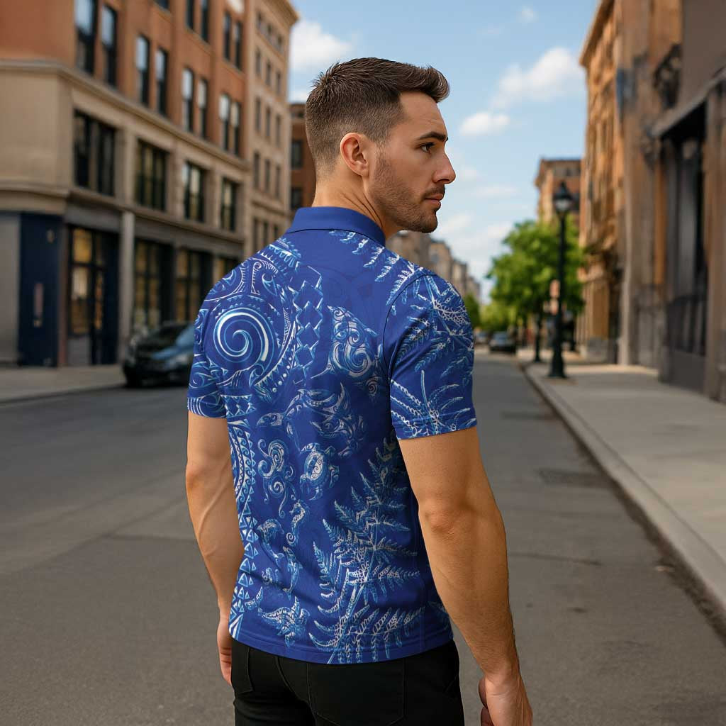 New Zealand Sea Animals Zipper Polo Shirt with Maori Koru Tribal Tattoo and Silver Ferns Aquatic Style