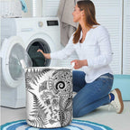 New Zealand Sea Animals Laundry Basket with Maori Koru Tribal Tattoo and Silver Ferns White Color
