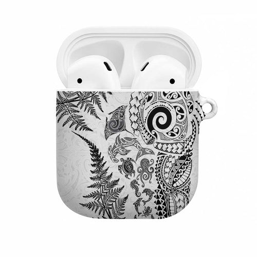 New Zealand Sea Animals AirPods Case with Maori Koru Tribal Tattoo and Silver Ferns White Color