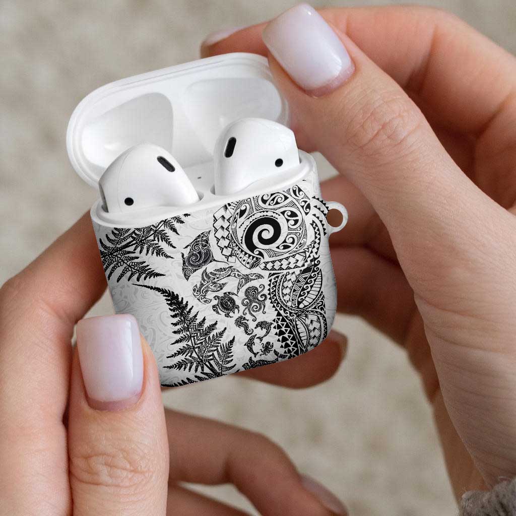 New Zealand Sea Animals AirPods Case with Maori Koru Tribal Tattoo and Silver Ferns White Color