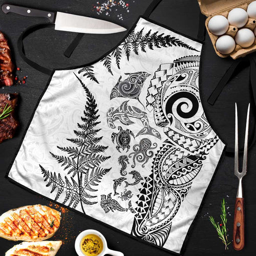 New Zealand Sea Animals Apron with Maori Koru Tribal Tattoo and Silver Ferns White Color