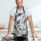 New Zealand Sea Animals Apron with Maori Koru Tribal Tattoo and Silver Ferns White Color
