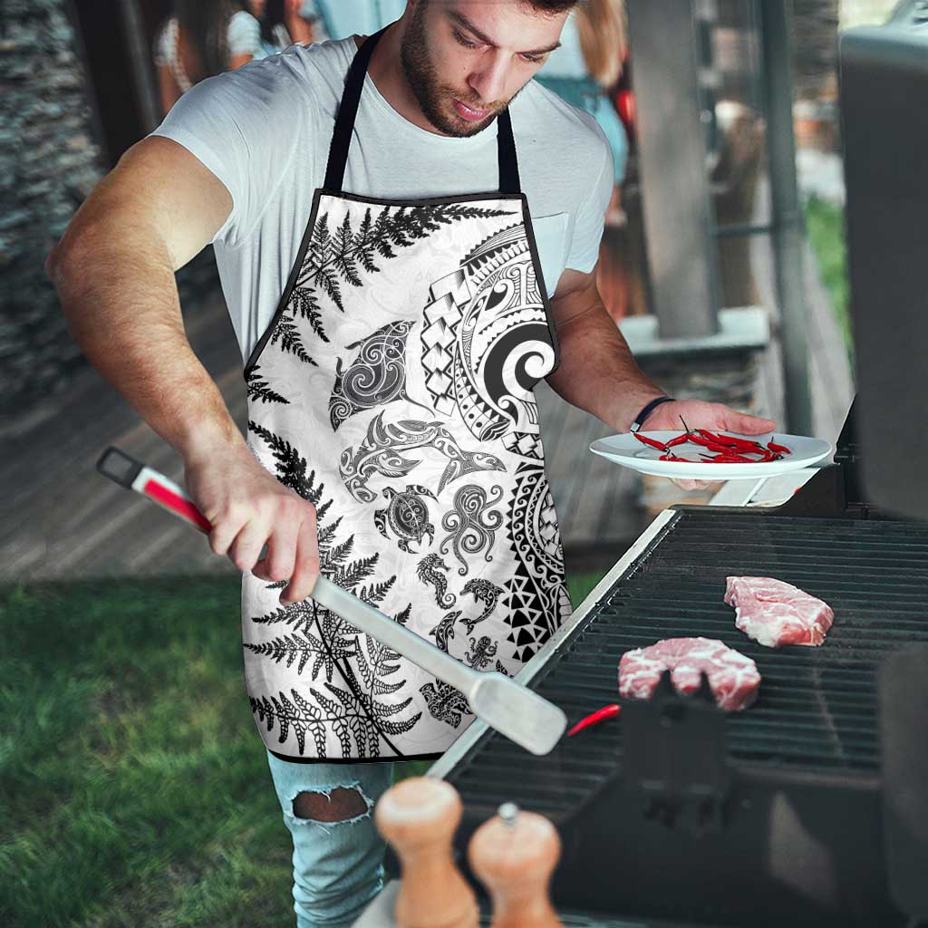 New Zealand Sea Animals Apron with Maori Koru Tribal Tattoo and Silver Ferns White Color