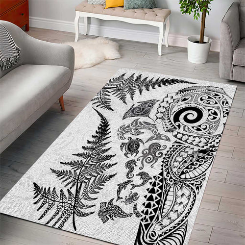 New Zealand Sea Animals Area Rug with Maori Koru Tribal Tattoo and Silver Ferns White Color