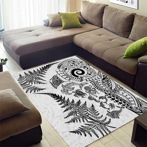 New Zealand Sea Animals Area Rug with Maori Koru Tribal Tattoo and Silver Ferns White Color
