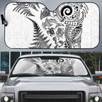 New Zealand Sea Animals Auto Sun Shade with Maori Koru Tribal Tattoo and Silver Ferns White Color
