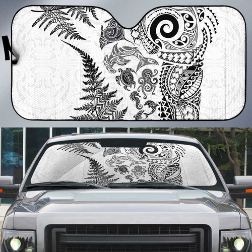 New Zealand Sea Animals Auto Sun Shade with Maori Koru Tribal Tattoo and Silver Ferns White Color