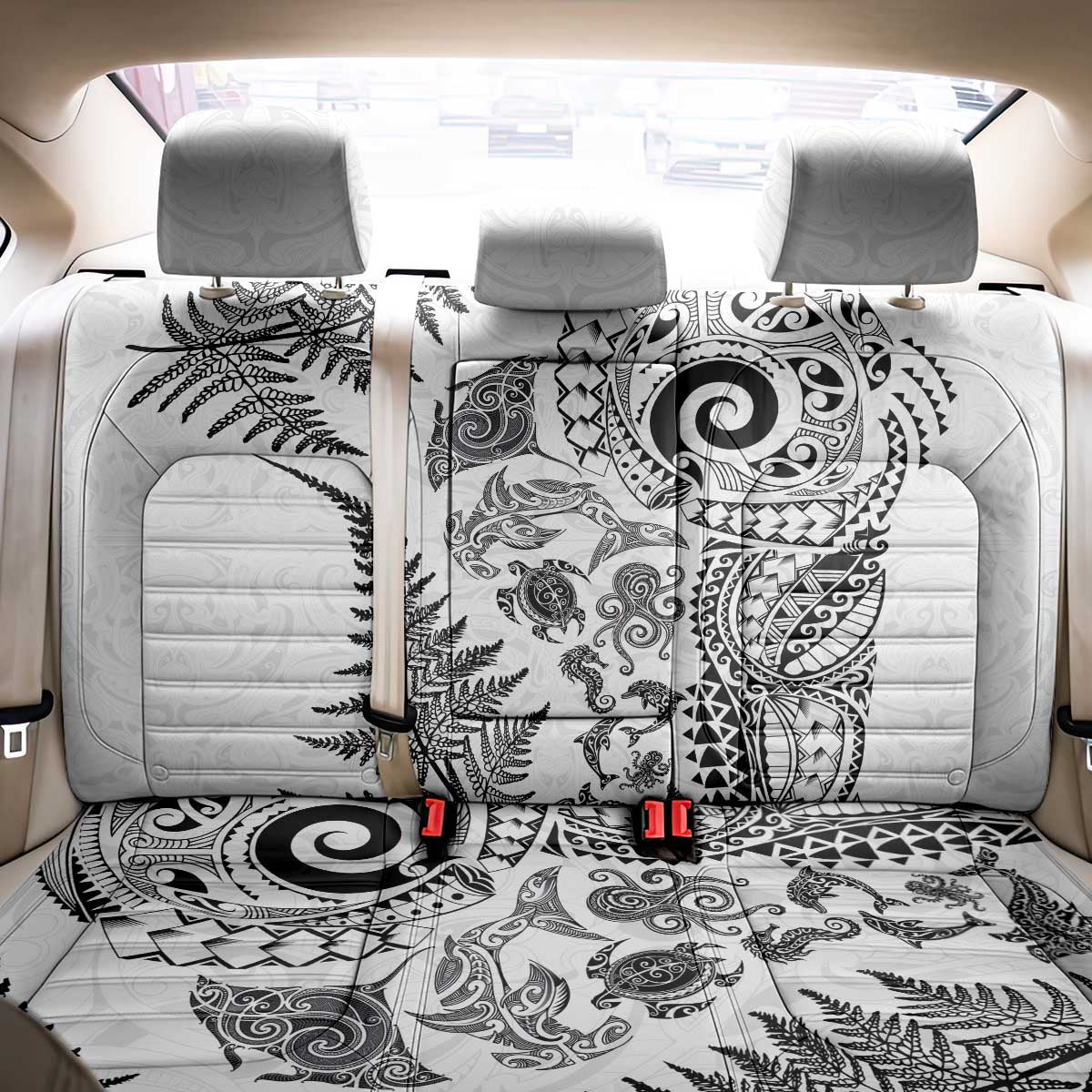 New Zealand Sea Animals Back Car Seat Cover with Maori Koru Tribal Tattoo and Silver Ferns White Color
