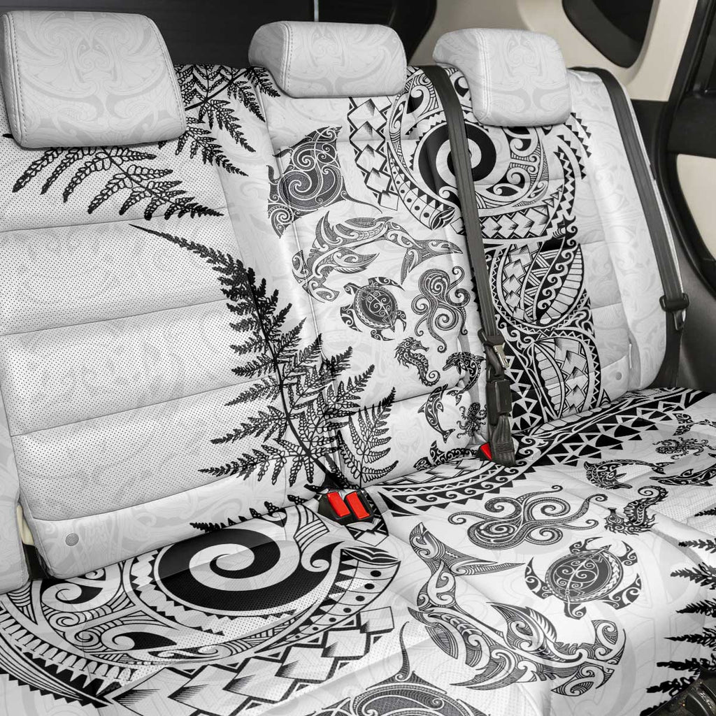 New Zealand Sea Animals Back Car Seat Cover with Maori Koru Tribal Tattoo and Silver Ferns White Color