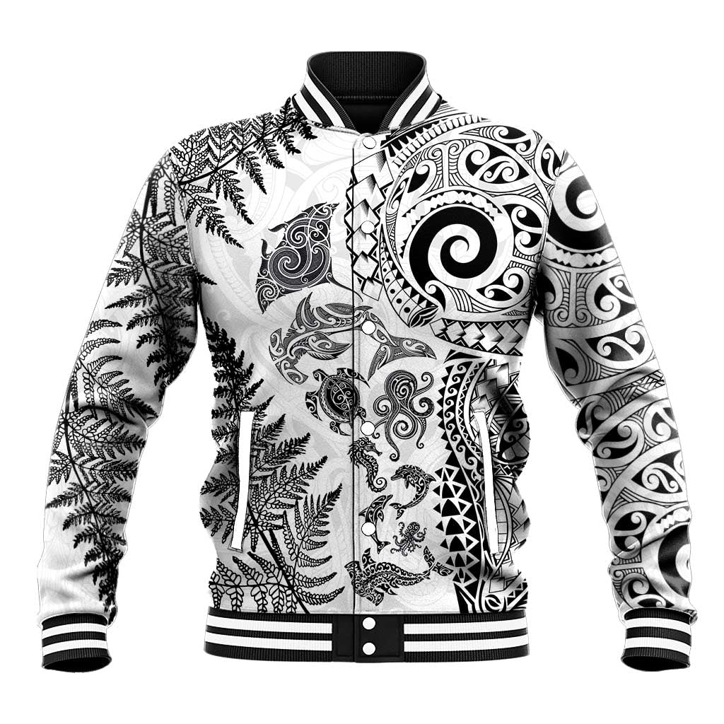 New Zealand Sea Animals Baseball Jacket with Maori Koru Tribal Tattoo and Silver Ferns White Color