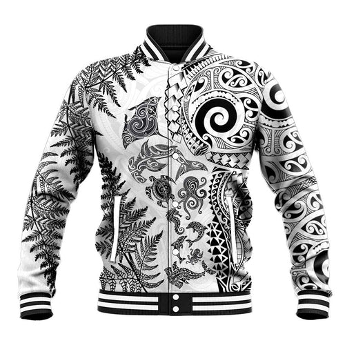 New Zealand Sea Animals Baseball Jacket with Maori Koru Tribal Tattoo and Silver Ferns White Color