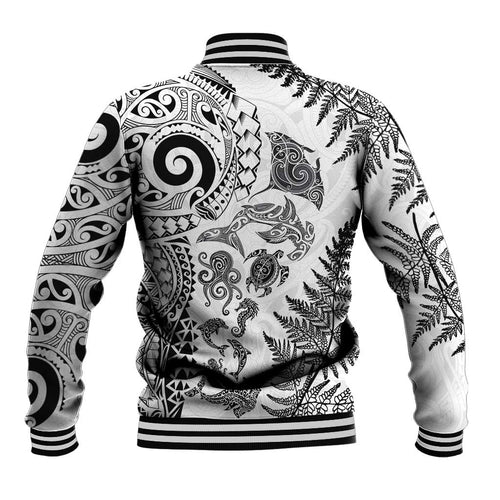 New Zealand Sea Animals Baseball Jacket with Maori Koru Tribal Tattoo and Silver Ferns White Color