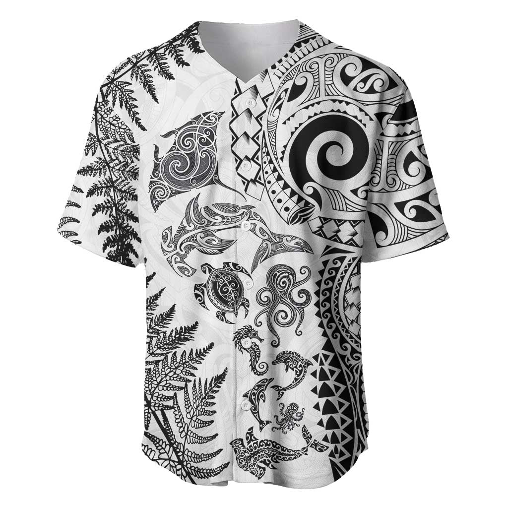 New Zealand Sea Animals Baseball Jersey with Maori Koru Tribal Tattoo and Silver Ferns White Color