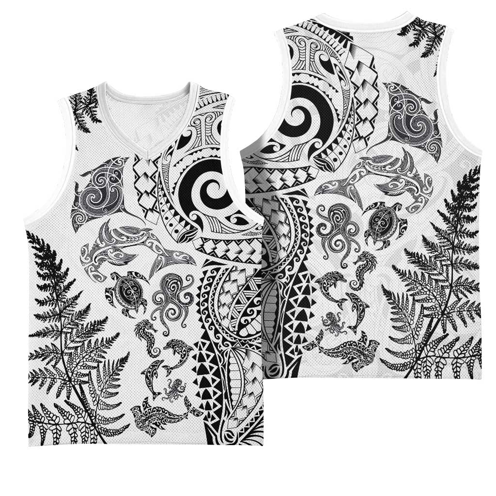 New Zealand Sea Animals Basketball Jersey with Maori Koru Tribal Tattoo and Silver Ferns White Color