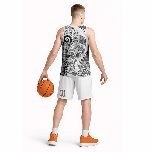 New Zealand Sea Animals Basketball Jersey with Maori Koru Tribal Tattoo and Silver Ferns White Color