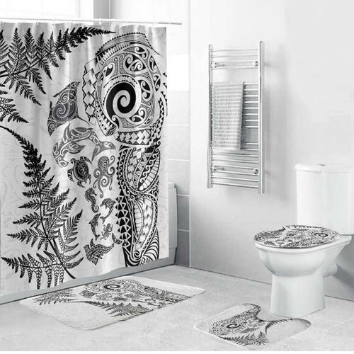 New Zealand Sea Animals Bathroom Set with Maori Koru Tribal Tattoo and Silver Ferns White Color
