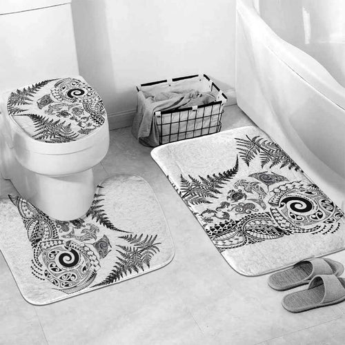 New Zealand Sea Animals Bathroom Set with Maori Koru Tribal Tattoo and Silver Ferns White Color