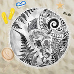 New Zealand Sea Animals Beach Blanket with Maori Koru Tribal Tattoo and Silver Ferns White Color