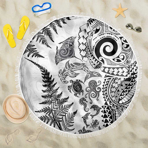 New Zealand Sea Animals Beach Blanket with Maori Koru Tribal Tattoo and Silver Ferns White Color