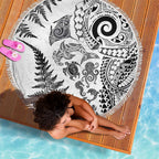 New Zealand Sea Animals Beach Blanket with Maori Koru Tribal Tattoo and Silver Ferns White Color
